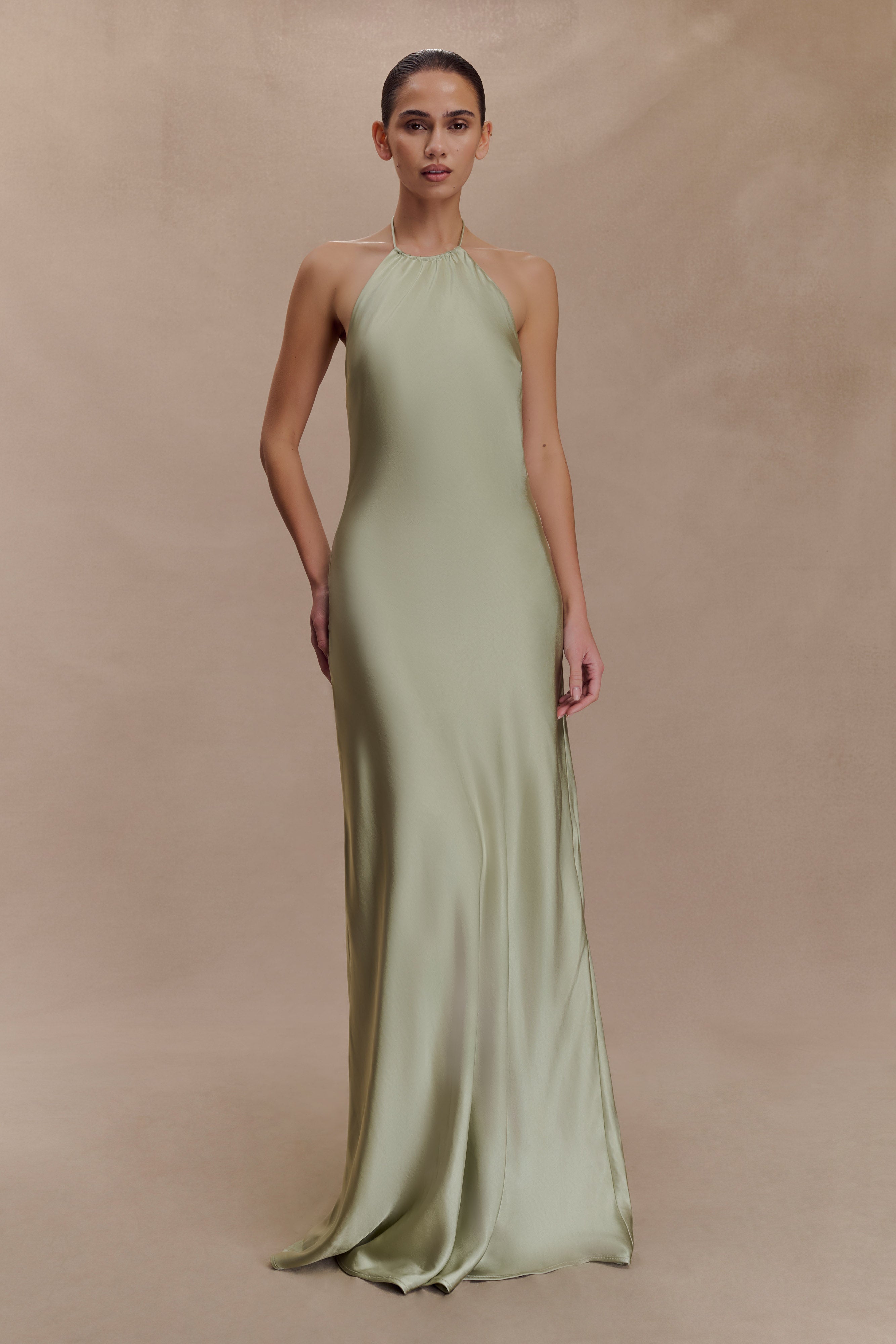 Bella Satin Halter Maxi Dress - Sage